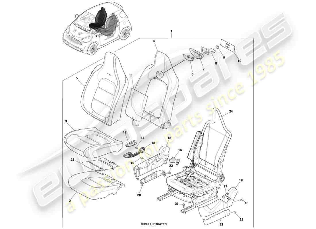 aston martin cygnet (2012) front seat, drivers parts diagram