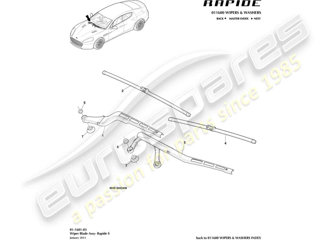 aston martin rapide (2011) wiper blade assembly, s part diagram