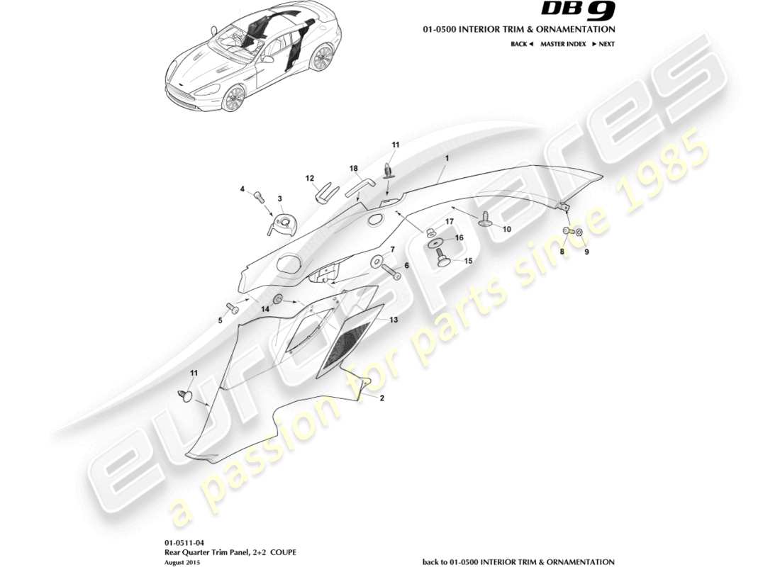 aston martin db9 (2014) rear quarter trim panel, 2+2 coupe part diagram