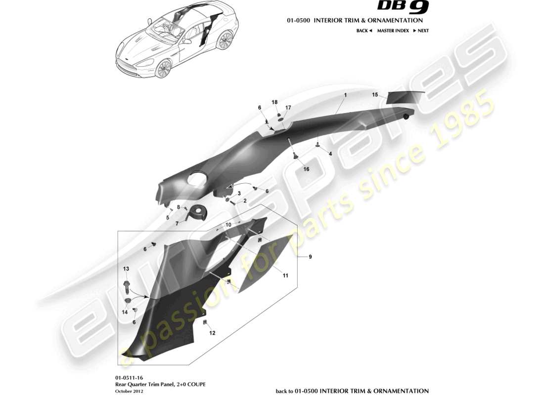 aston martin db9 (2014) rear quarter trim panel, 2+0 coupe part diagram