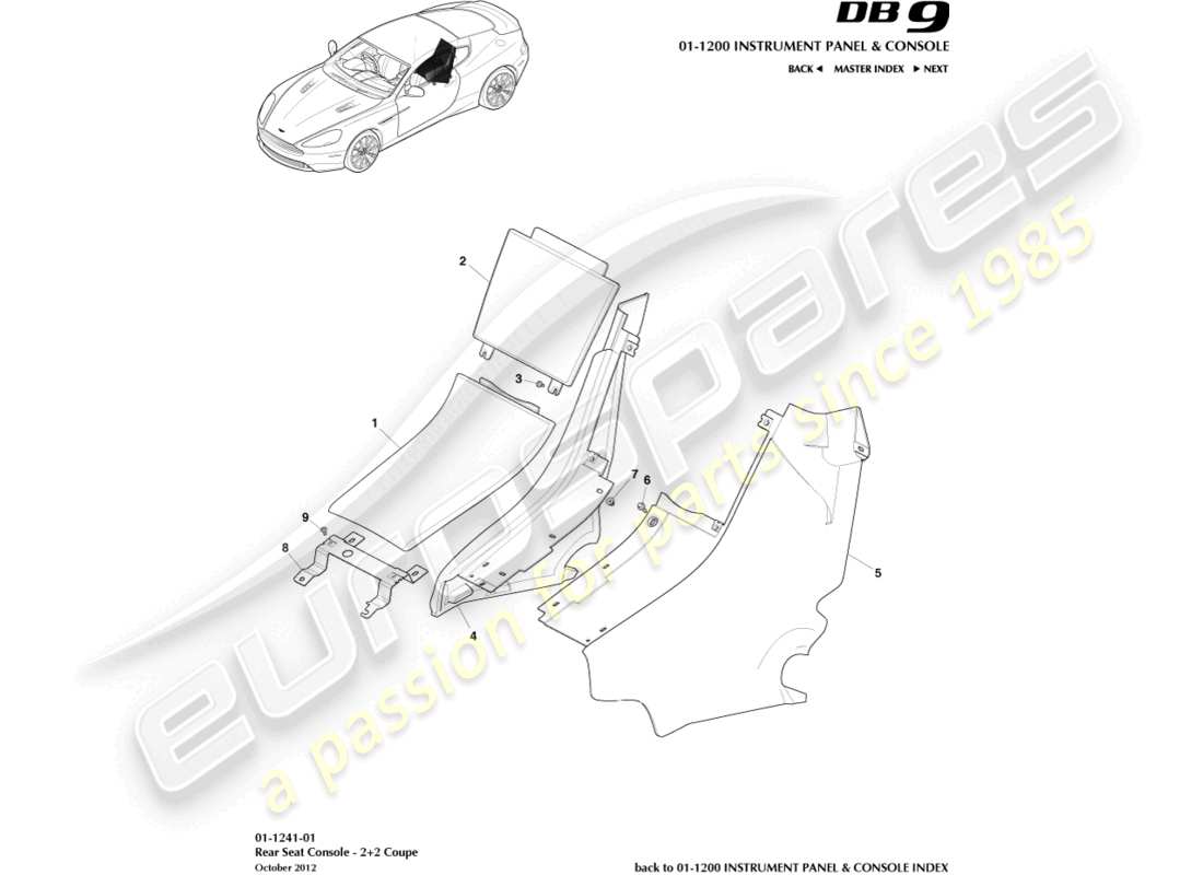 aston martin db9 (2014) rear console, coupe 2+2 part diagram