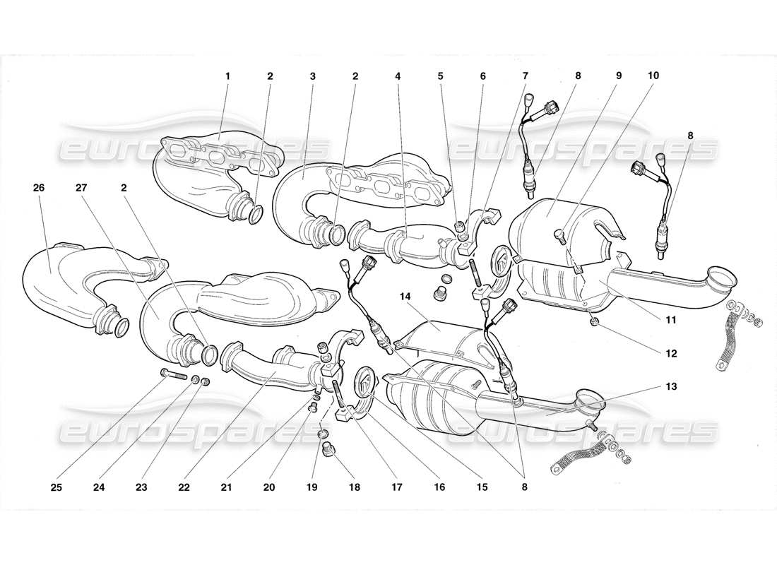lamborghini diablo roadster (1998) exhaust system (valid for u.s.a. and canada 1998) parts diagram